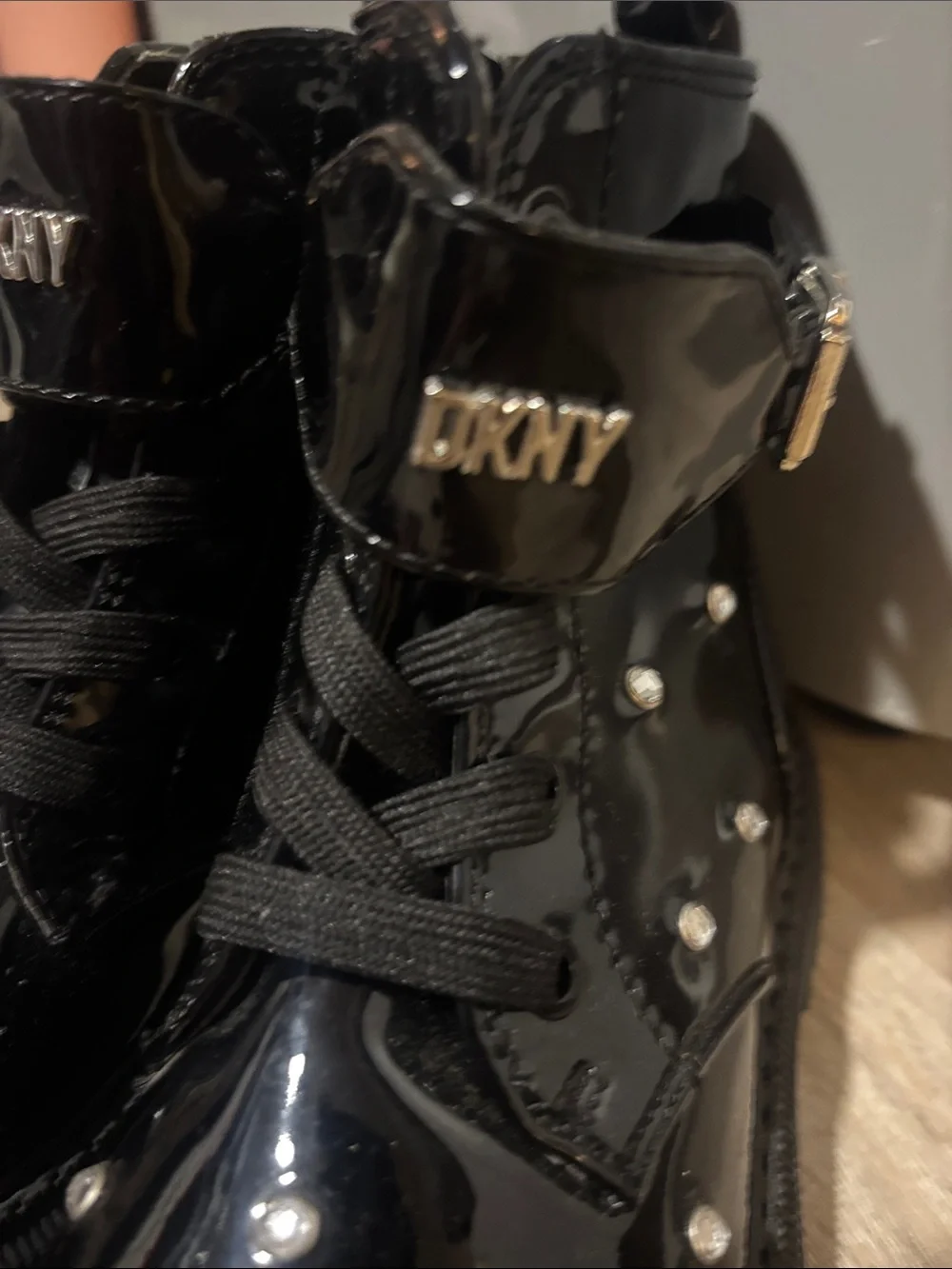 DKNY Girls Ava Dila Moto Black Patent Studded Combat Boots